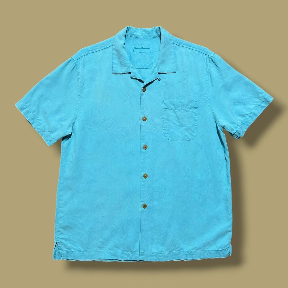 Vintage Tommy Bahama Silk Hawaiian Shirt Baby Blue Camp Collar Aloha Mens Medium